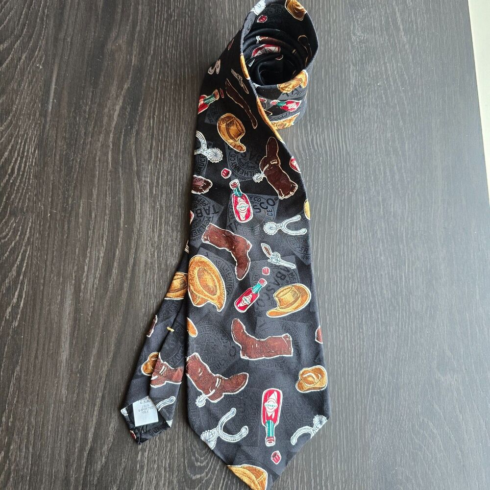 Tabasco Brand Novelty Necktie  100% Silk Made USA tie Cowboy Hat Spurs Boots
